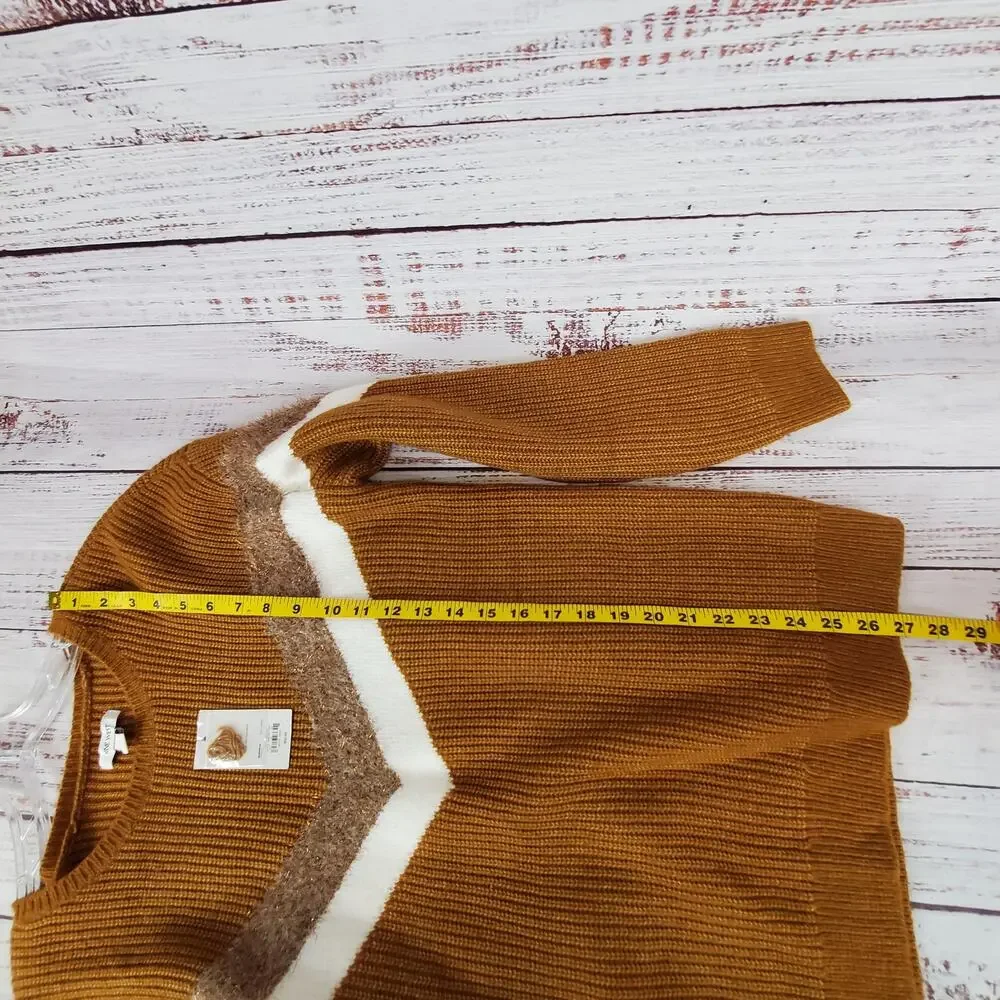 Nine West Women's Brown White Cable Knit Sweater Size L Chevron Colorblock NWT